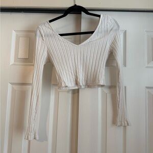 White Ribbed V-Neck Women's Top
